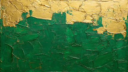 Poster - Painting of abstract green and gold colors on a wall with texture and depth