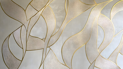 Poster - Painting of gold leaves on a white wall with detailed textures and patterns