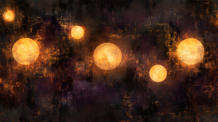Poster - Colorful painting depicting an array of bright lights glowing in various shapes and sizes on a dark background