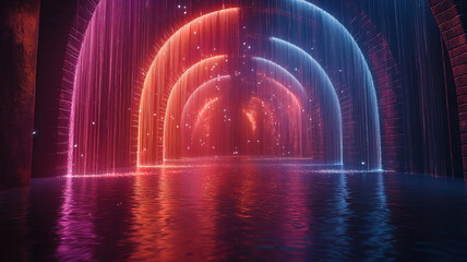 Poster - A fountain surrounded by glowing arcs of light erupting into pure glimmering droplets of cascading