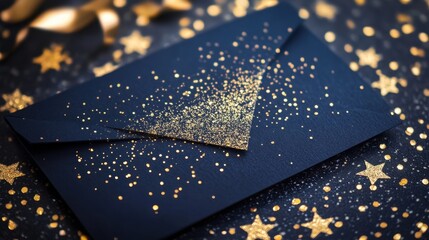 Poster - sparkling gold glitter and shimmering navy background with soft light art for a magical night-themed