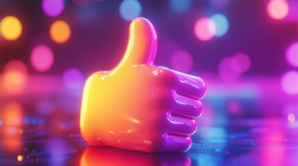 Aufkleber - Colorful neon thumb up symbol with blurry bokeh lights in vibrant setting, digital art. Modern approval and positivity concept