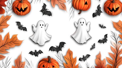 Wall Mural - Halloween Decorations with Pumpkins, Ghosts, Bats, and Leaves