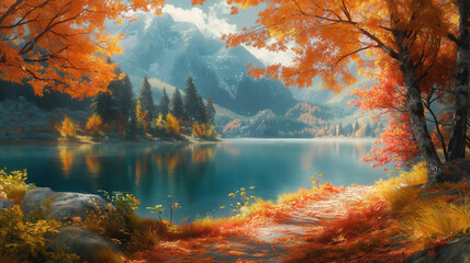 Wall Mural - a tranquil autumn pathway by a calm lake with stunning fall colors creating a serene scene