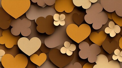 Wall Mural - Colorful Paper Hearts and Flowers in Warm Earthy Tones Background