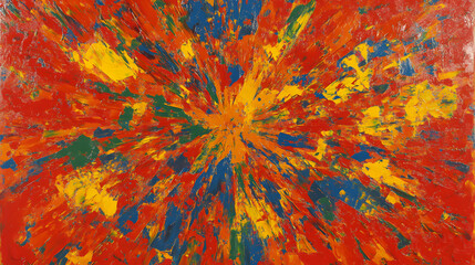 Poster - Painting of a vibrant red and yellow flower with green leaves on a textured background