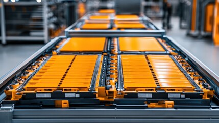 Wall Mural - Assembly line showcasing orange battery packs in a modern manufacturing facility