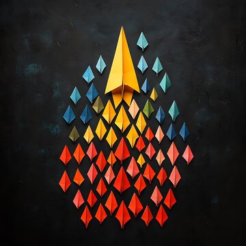 Black background with colorful paper airplanes in the shape of an arrow, arranged neatly and in different colors. The yellow airplane is located at one end of all the other arrows, symbolizing vision 