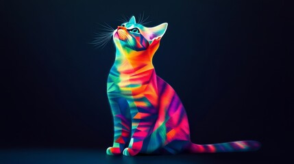 Poster - Colorful neon cat with vibrant rainbow stripes sitting against a dark background, gazing upward. Digital art and creativity concept