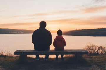 A man and a boy are sitting on a bench overlooking a body of water