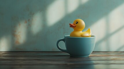 Poster - Rubber duck in a blue cup on wooden table under soft sunlight, playful and whimsical scene. Childhood and creativity concept