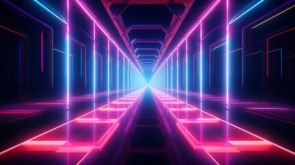 Poster - Neon lights tunnel, vibrant colors, futuristic background