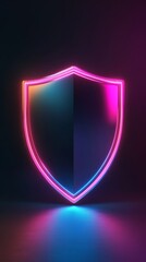 Poster - Glowing neon shield in dark background with pink and blue hues, reflecting light. Cybersecurity and digital protection concept