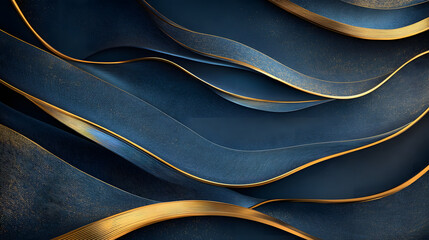 Poster - Blue and gold abstract background with wavy lines and soft gradients for design use