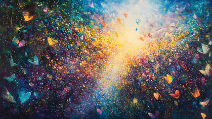 Poster - Painting of a bright sun shining through fluffy clouds in a blue sky landscape