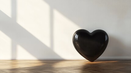 Poster - Black heart sculpture against white wall with wooden floor, minimalistic interior design concept