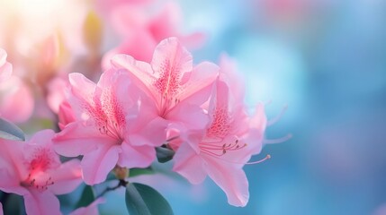 Poster - Close-up of pink azalea flowers with soft focus and sunlight on blue background. Nature beauty and floral tranquility concept