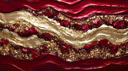 Fototapete - Painting of a red and gold wave on a textured canvas background with flowing motion and dynamic colors