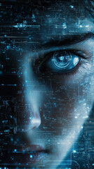 Poster - futuristic portrait of woman with digital elements and glowing blue accents