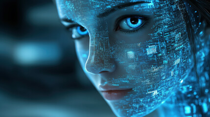 Poster - Futuristic woman with digital patterns on her face, showcasing technology