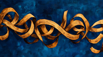 Poster - Painting of a gold ribbon on a blue background with artistic brush strokes and texture