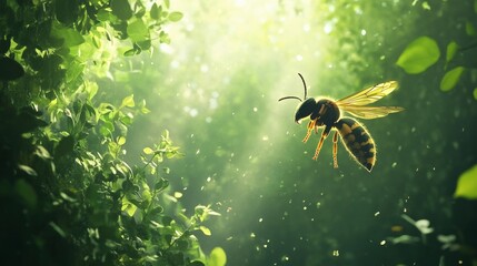Poster - Bee hovering amid lush green leaves with sunlight streaming through, creating a serene and vibrant atmosphere. Nature and tranquility concept