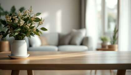 A mockup-ready scene with an empty wooden table before a couch, captured in a blurred living room with bokeh effect