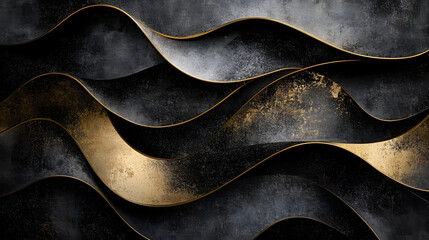 Poster - Black and gold abstract background with flowing waves and textures for design use