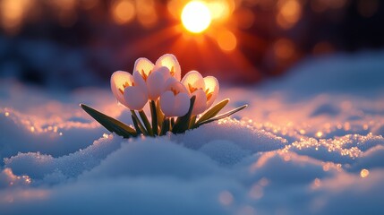 Aufkleber - White crocuses blooming in snow at sunrise, orange glow illuminating petals. Early spring nature scene. Renewal and resilience concept