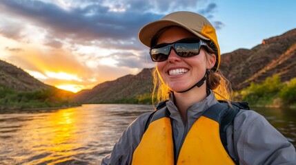 Wall Mural - Woman in a kayak smiles at sunset on a river, surrounded by mountains and nature