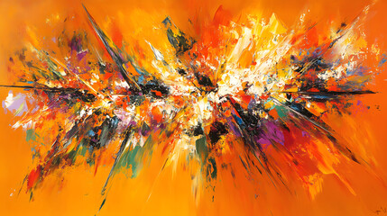 Poster - Abstract painting featuring a vibrant orange background with dynamic brush strokes and texture
