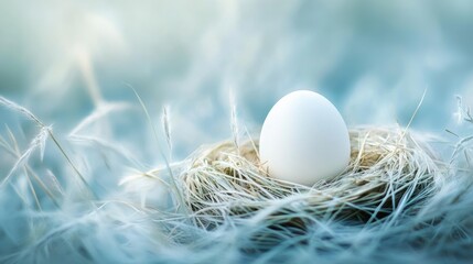 Poster - Egg nestled in a straw nest among soft blue-tinted feathers against a serene background. Nature and new beginnings concept