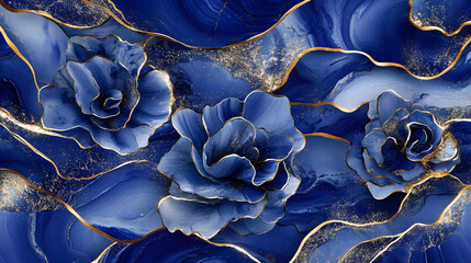 Poster - Blue and gold floral pattern on white background for decorative use and design elements