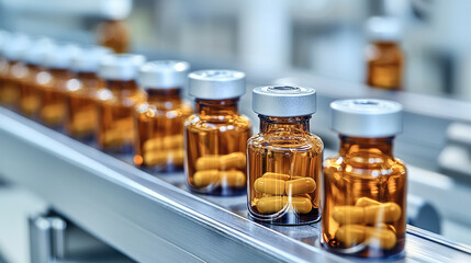 Aufkleber - Bottles of yellow capsules on conveyor belt in sterile factory setting