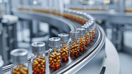 Aufkleber - In sterile white factory, glass vials filled with capsules move along conveyor belt, showcasing modern production process