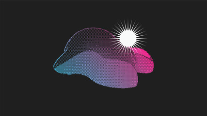 Poster - Neon Blue and Pink Gradient Pixel Rendered of Mountain with Sun Shine, Abstract Illustration