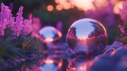 Poster - Reflective crystal spheres in a vibrant pink and purple floral garden at sunset, with soft bokeh lights. Enchanting nature and tranquility concept