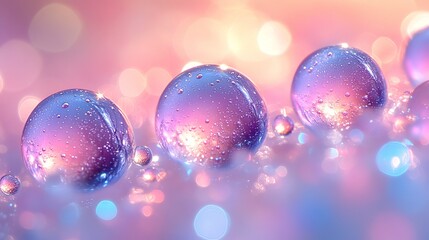 Poster - Abstract colorful glass spheres with water droplets on soft bokeh background in pink, purple, and blue. Modern art and creativity concept