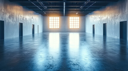 Poster - spacious interior design exhibition hall with large windows and polished floors, creating serene atmosphere