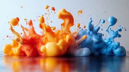 Poster - Colorful explosion of orange, yellow, and blue paint splashes on a reflective surface. Abstract art with vibrant dynamics concept