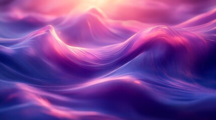 Poster - Abstract waves in vibrant pink and purple hues under a glowing sunset. Dreamy oceanic landscape with surreal light effects, digital art concept