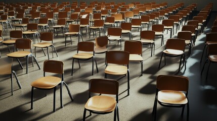 Wall Mural - Empty classroom chairs, sunlight, lecture