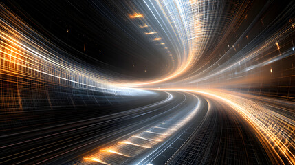 Poster - Long exposure photograph of light trails moving through a dark tunnel creating vibrant patterns and effects