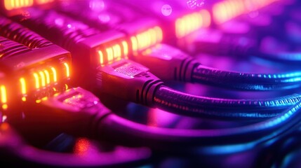 Poster - Close-up of glowing network cables plugged into server. Illustrates high-speed internet, data transfer, and digital connectivity.