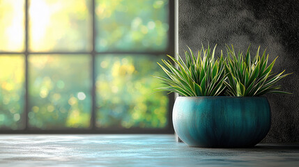 Poster - vibrant houseplant in blue pot adds refreshing touch to modern interior. soft sunlight filters through window, creating serene atmosphere