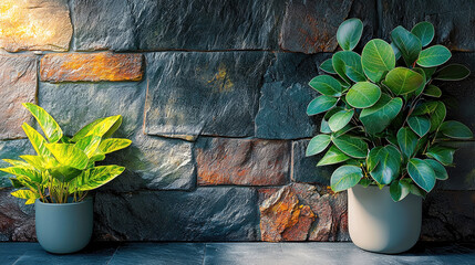 Poster - Lush green houseplants in modern pots against textured stone wall, creating serene atmosphere
