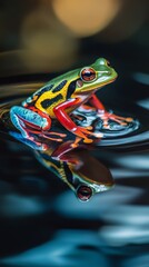 Poster - Colorful tree frog with vivid red eyes perched on reflective water surface, macro close-up. Amphibian wildlife and nature photography concept