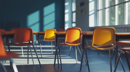 Wall Mural - Sunny classroom desks chairs learning