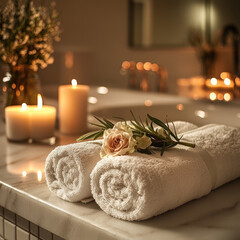 Poster - Luxurious spa setting with rolled towels, candles, and flowers creating serene atmosphere