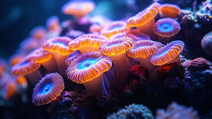 Poster - Close-up of vibrant orange and blue coral polyps glowing under water, intricate details of marine life. Underwater photography and marine biology concept